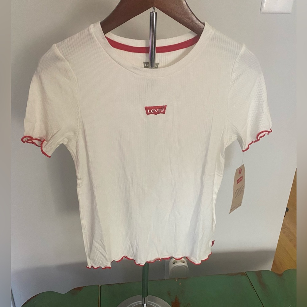 New Girl’s White Rayon Blend Shirt. Red Trim size Large